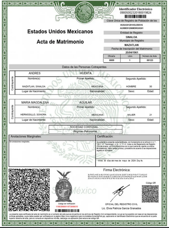 Ejemplo de acta de matrimonio